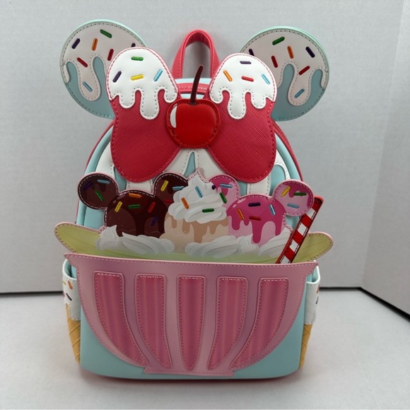 Loungefly Backpack Disney Sweet Treats Ice Cream Minnie Mouse Banana Split Set - Picture 10 of 13